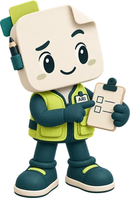 Ari, maskot buku, menunjuk ke senarai semak pada papan klip.
