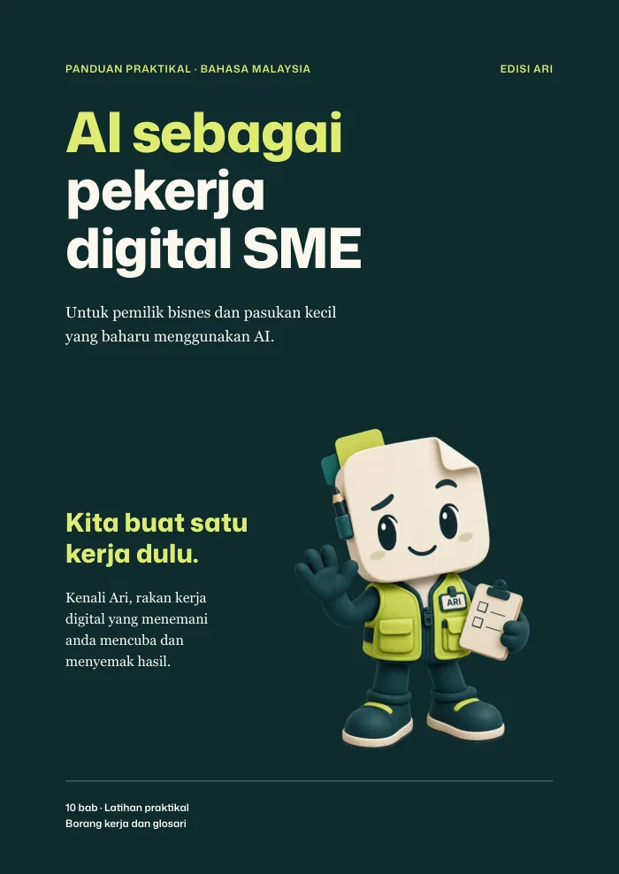 Muka depan ebook AI sebagai pekerja digital SME, Edisi Ari, dengan maskot Ari.