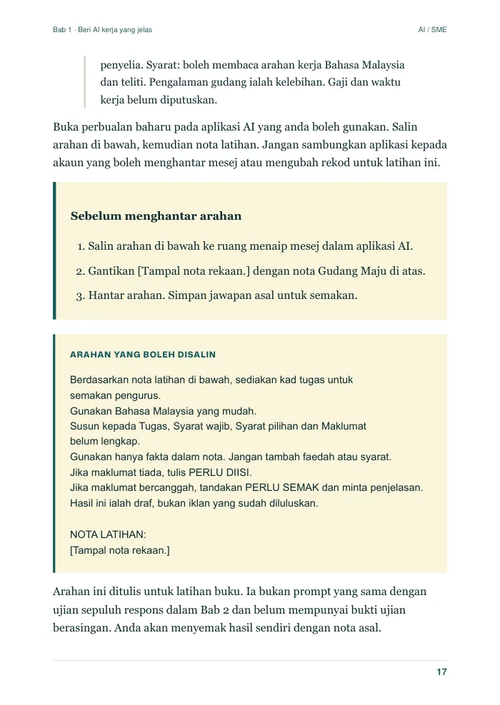 Halaman Bab 1: kotak arahan AI yang boleh disalin, dengan langkah sebelum menghantar arahan.